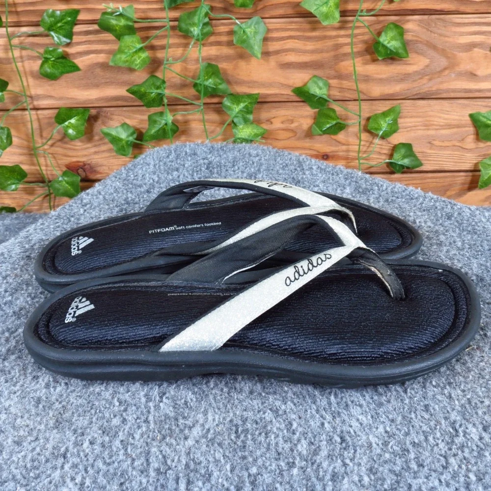 Adidas Chilwyanda Girls Sandal Sz 6 Casual Summer Flip Flop Black Silver Glitter